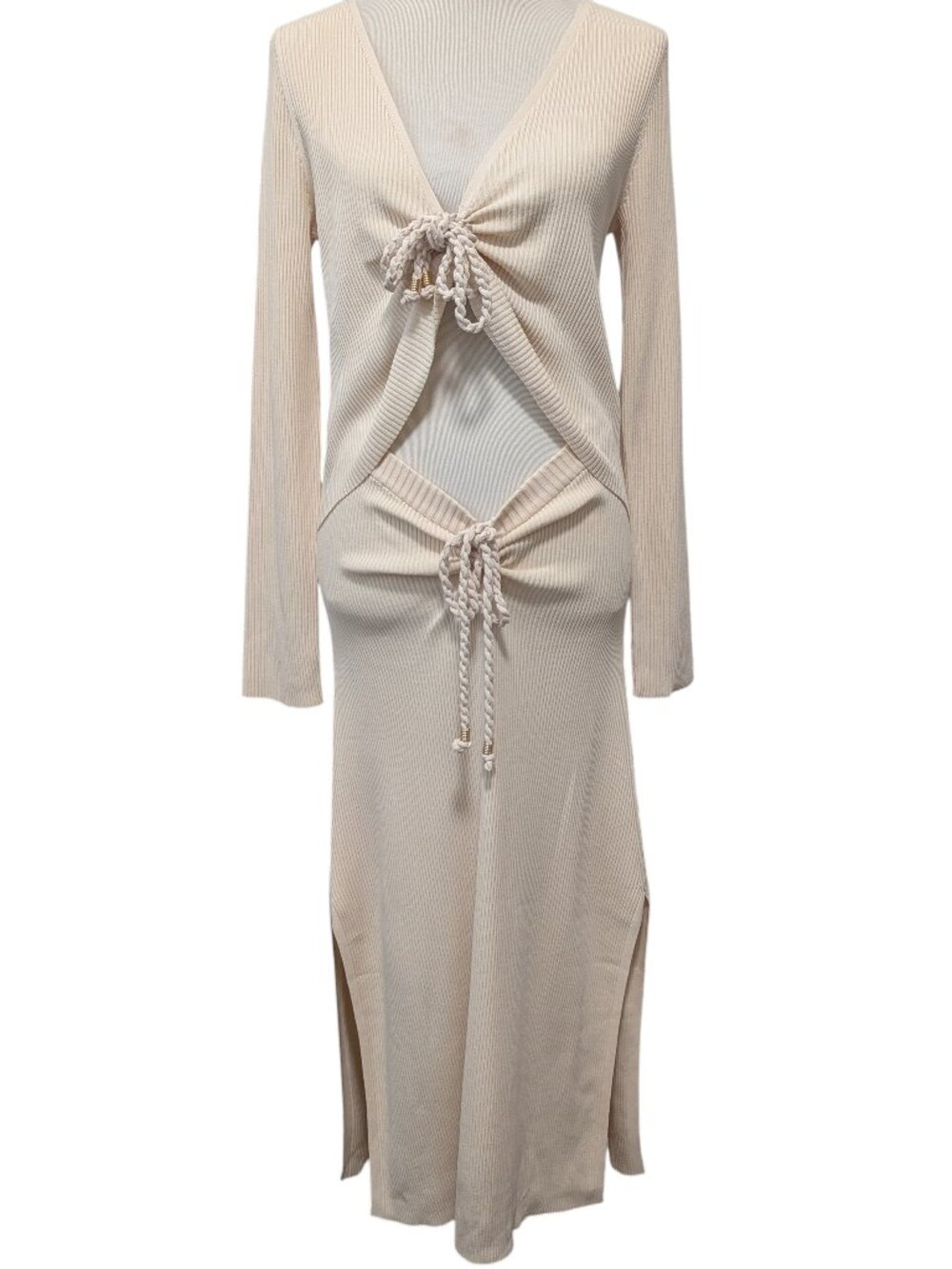 Nicholas Womens Size L Luisa Cream Ribbed Cutout Side Slits L/S Dress Flaw